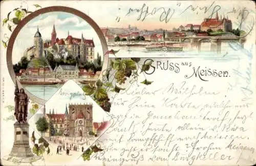 Litho Meißen an der Elbe, Denkmal, Schloss, Blick auf den Ort