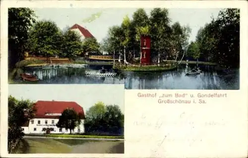 Ak Großschönau in der Oberlausitz Sachsen, Gasthof zum Bad, Gondelfahrt, Wasseransicht, Uferla...