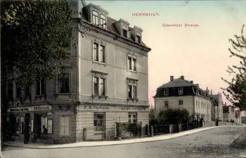 Ak Herrnhut in der Oberlausitz Sachsen, Oderwitzer Straße, Geschäft P.H. Verbeek