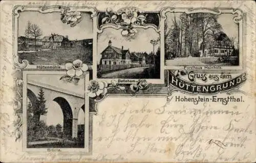 Ak Hohenstein Ernstthal in Sachsen, Hüttengrunde, Bethlehem Stift, Brücke, Forsthaus Hainholz