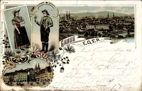 Litho Cheb Eger Region Karlsbad, Gesamtansicht, Marktplatz, Volkstrachten