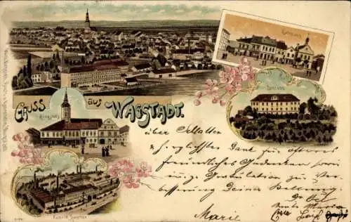 Litho Bílovec Wagstadt Region Mährisch Schlesien, Ringplatz, Fabrik, Rathaus, Schloss