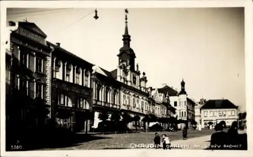 Ak Chrudim Region Pardubice, Stadtansicht, historische Gebäude, Kirchturm