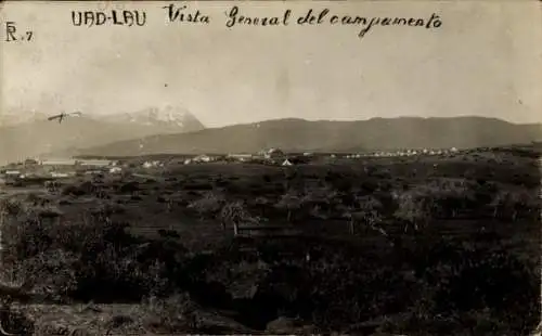 Ak Moulay Idris Marokko, Blick auf das Lager, Berge im Hintergrund, schriftlicher Titel