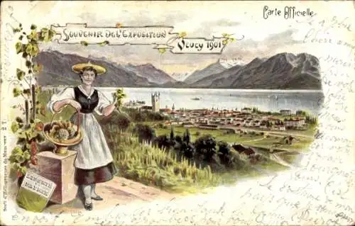 Ak Vevey Kanton Waadt, Frau mit Korb, Blick auf See und Berge, Jahr 1901, Souvenir-Postkarte