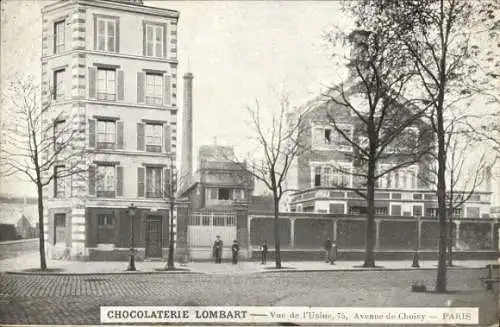 Ak Paris XIII , Chocolaterie Lombart, Fabrikgebäude, Avenue de Choisy, Platz mit Bäumen