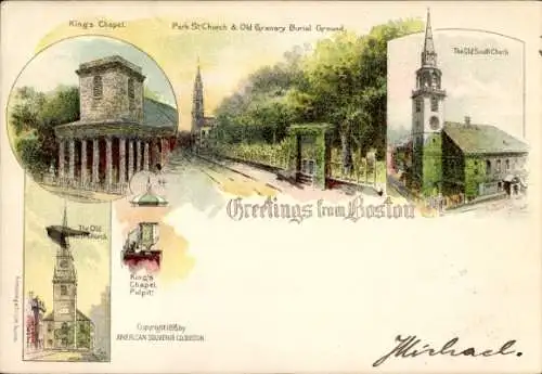 Litho Boston Massachusetts USA, Park Street, Old Granary Burial Ground, King's Chapel, Church