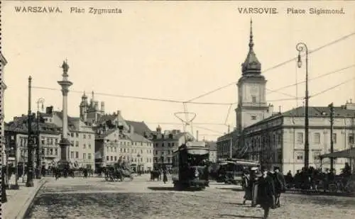 Ak Warszawa Warschau Polen, Vorderansicht eines Platzes mit Personen und Straßenbahn, historis...