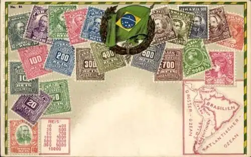 Präge Briefmarken Ak Brasilien, Landkarte, Fahne