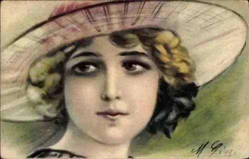 Künstler Ak Gemaltes Porträt einer jungen Frau, Hut