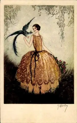 Künstler Ak Porträt einer jungen Frau, Vogel, Blumen