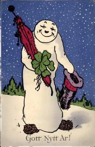 Ak Glückwunsch Neujahr, Schneemann, Glücksklee