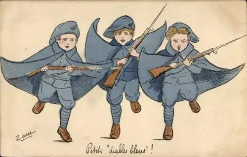 Künstler Ak Zane, Kinder in Uniformen mit Gewähren, Petits "diables bleus"!