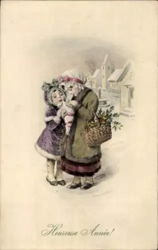 Litho Glückwunsch Neujahr, Mädchen