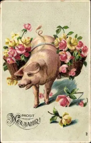 Präge Ak Fröhliches Neujahr, Schwein mit zwei Körben voller Rosen