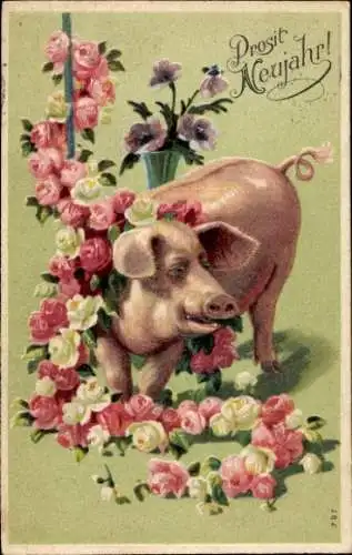 Präge Ak Glückwunsch Neujahr, Schwein, Rosen