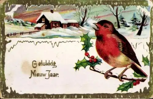 Ak Glückwunsch Neujahr, Vogel, Stechpalme