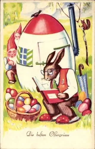 Ak Glückwunsch Ostern, Osterhase liest ein Buch, Zwerge, Ostereier, Ostereihaus