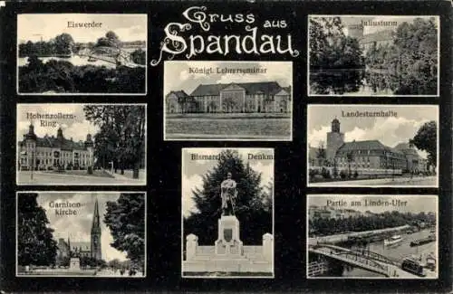 Ak Berlin Spandau, Eiswerder, Hohenzollernring, Garnisonkirche, Bismarckdenkmal, Landesturnhal...