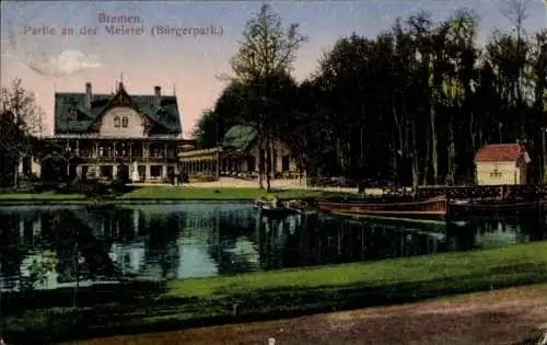 Ak Seehausen Hansestadt Bremen, Bremen im Bürgerpark, Historisches Gebäude, Teich mit Booten, ...