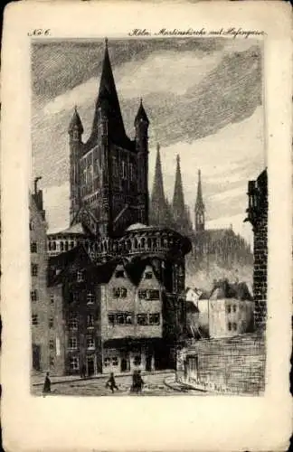 Ak Köln am Rhein, Martinskirche, Hafengasse, alte Gebäude, Menschen auf der Straße