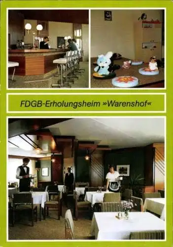 Ak Waren an der Müritz, FDGB Erholungsheim Warenshof, Hallenbar, Kinderspielzimmer, Lindenrestaurant