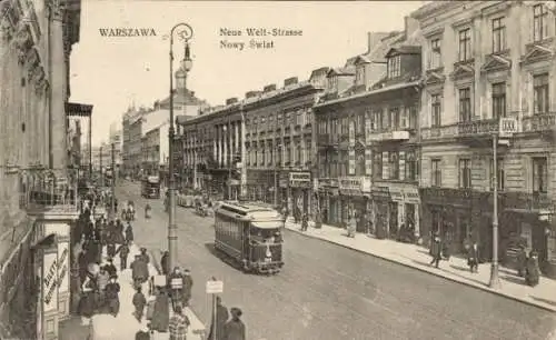 Ak Warszawa Warschau Polen,  Neue Welt-Strasse, Tram, zahlreiches Fußvolk, Geschäfte