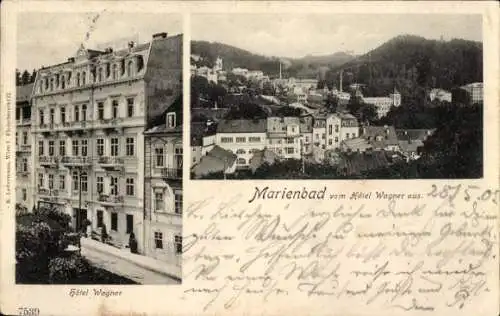 Ak Mariánské Lázně Marienbad Region Karlsbad, Hotel Wagner, Stadtansicht, Marienbad von Hotel ...