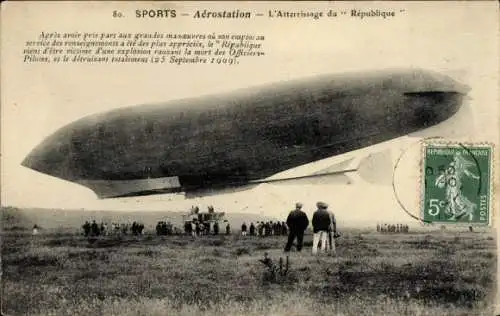 Ak Aerostation, L'Atterrissage du Dirigéable République, Französisches Luftschiff