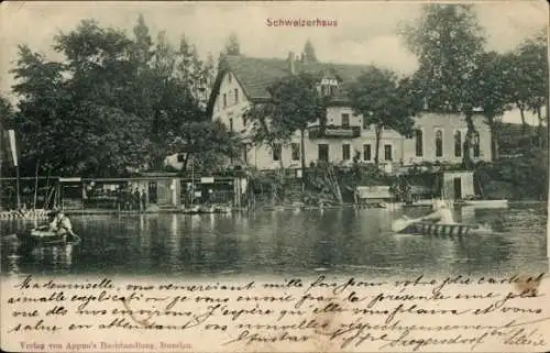 Ak Bolesławiec Bunzlau Schlesien, Schweizerhaus, Wasseransicht, Boot