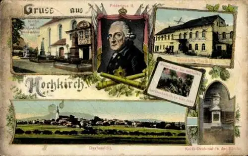 Ak Hochkirch in Sachsen, Gruss aus  Fridericus II., Kirche, Heinrichs Gasthof