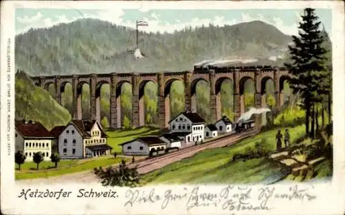 Litho Hetzdorf Flöha in Sachsen, Hetzdorfer Viadukt