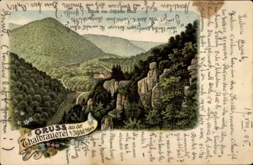 Litho Ilfeld Harztor Kreis Nordhausen Thüringen, Blick ins Ilfelder Tal, Ilfelder Talbrauerei