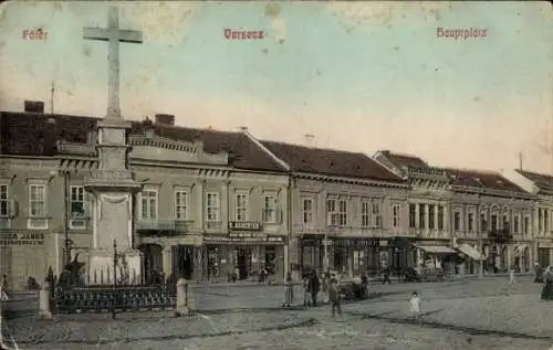 Ak Versecz Vršac Werschetz Serbien, Hauptplatz mit Kreuz, historische Architektur, Menschen au...