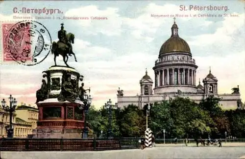 Ak Sankt Petersburg Russland, Reiterdenkmal, Kuppel von St. Isaak, farbenfrohe Postkarte