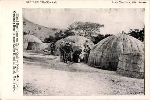 Ak KwaZulu Natal Südafrika, Siedlung mit Strohhütten, Soldaten, verwundeter Boer, Mars 1900