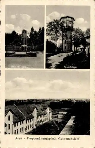 Ak Orzysz Arys Ostpreußen, Truppenübungsplatz, Heldendenkmal, Wasserturm, Gesamtansicht