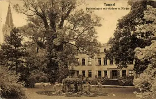 Ak Dąbroszyn Tamsel Ostbrandenburg, Schloss, Kirche, Parkanlagen