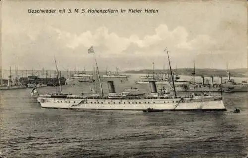 Ak Kieler Hafen, Geschwader, Kaiserliche Yacht SMS Hohenzollern