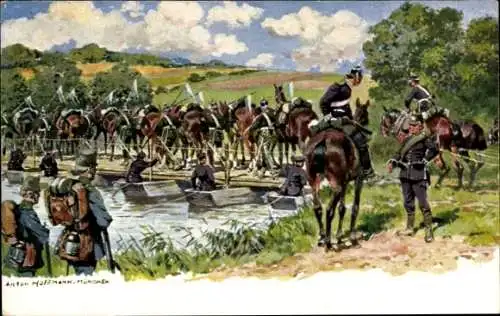 Künstler Litho Hoffmann, Anton, Deutsche Soldaten, Pferde, Schiffbrücke