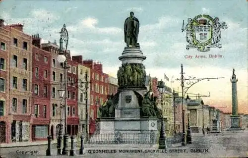 Ak Dublin Irland, O'Connell's Monument, Sachville Street,  Stadtwappen