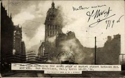 Ak San Francisco Kalifornien USA, Bild der Zerstörung, Gebäude, Feuer, Postkarte von 1906