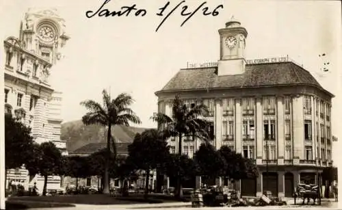 Ak Santos Brasilien, Historisches Gebäude, Uhrturm, Palmen, West Telegraph Company