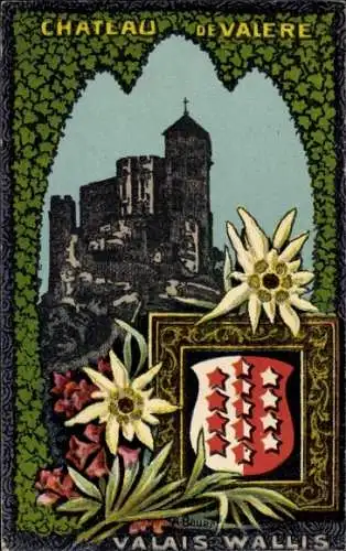 Ak Vercorin Valais Kanton Wallis, Schloss, Alpenblumen, Wappen, stilisierte Bordüre