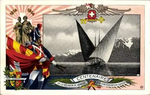 Ak Genf Kanton Schweiz, Lac Leman, Schweizer Flagge, Segelboot, Berge, Denkmal, Jahr 1814-1914