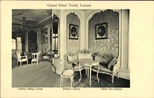 Ak Lucerne Luzern Stadt Schweiz, Grand Hotel Tivoli, Damen-Salon, elegante Möbel, historische ...