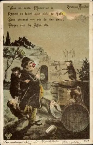 Litho München, Betrunkener Mann, Rote Nase, Affen, Fässer