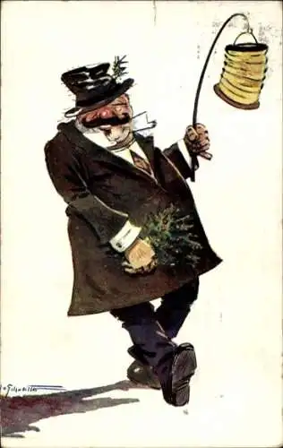 Künstler Ak Betrunkener Mann auf dem Nachhauseweg, Laterne