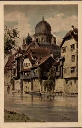 Künstler Ak Wiegk, Nürnberg in Mittelfranken Bayern, Insel Schütt, Synagoge