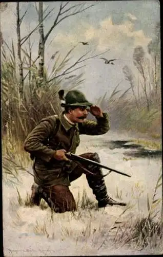 Künstler Ak Ringeisen Müller, Jäger auf der Jagd, Winter, Gewehr, Enten